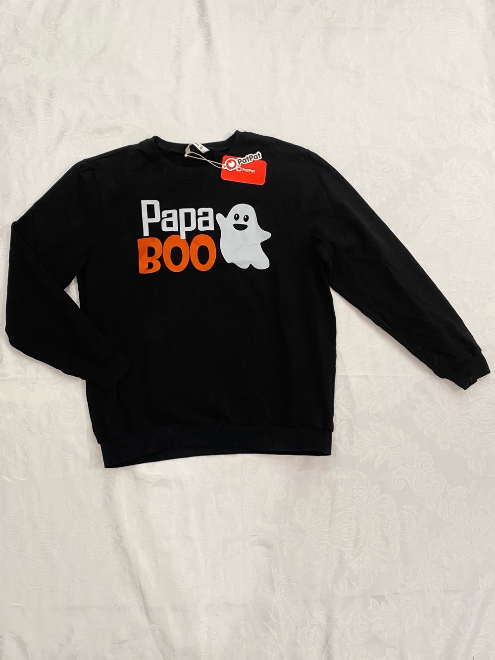 PatPat Men Black Sweatshirt Papa Boo Ghost Letter Crewneck sweatshirt, Size M
